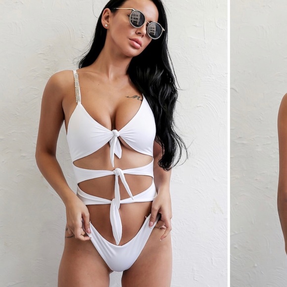 Shein White Tie One Piece Bathing Suit SOLD - Picture 1 of 4